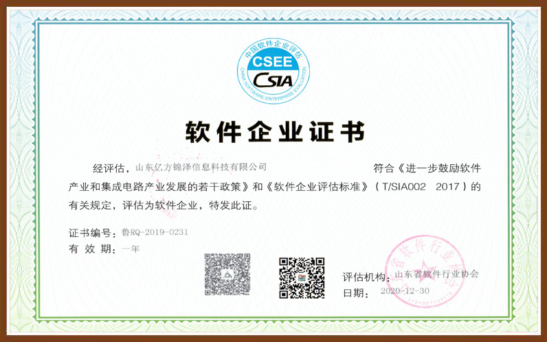 亿方锦泽软件企业证书